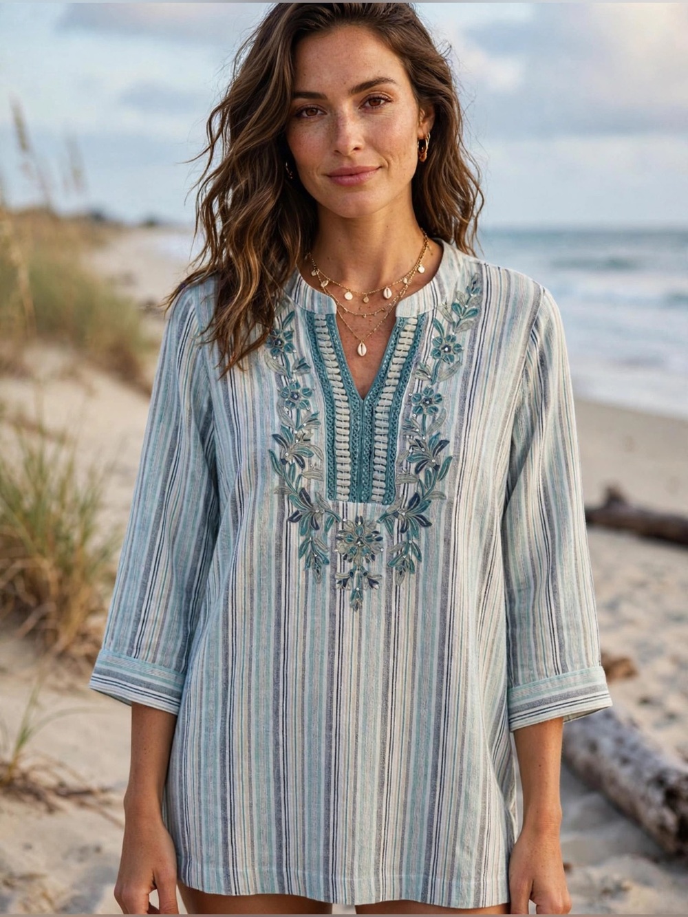 Women’s Boho Striped Teal Embroidered Women’s Shirt